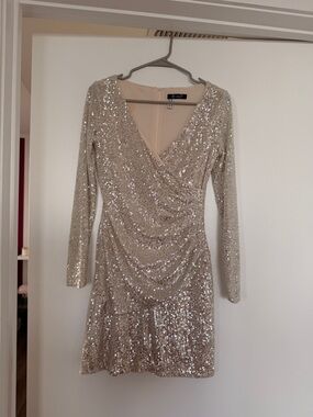 Sequin Long-Sleeve Wrap Dress in Champagne